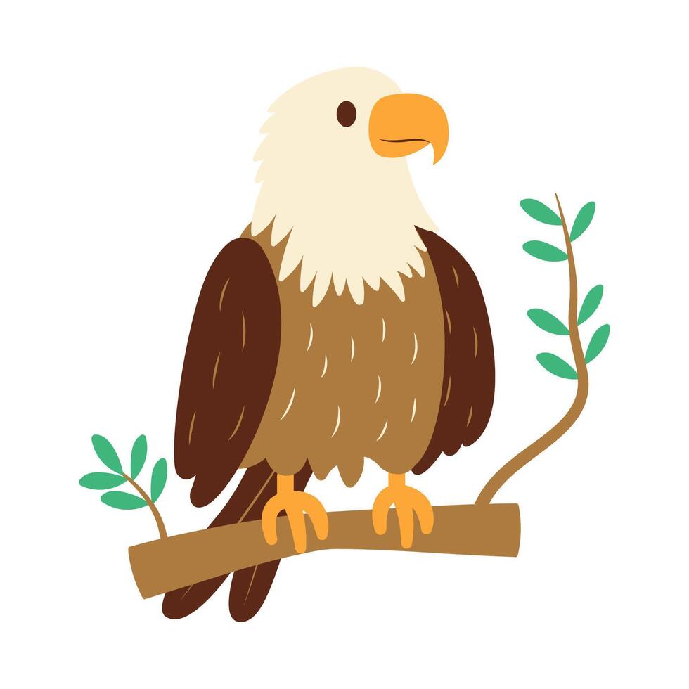 Cute Bald Eagle Hawk Falcon Strong Bird Animal Perched on Tree Twig in the Jungle vector