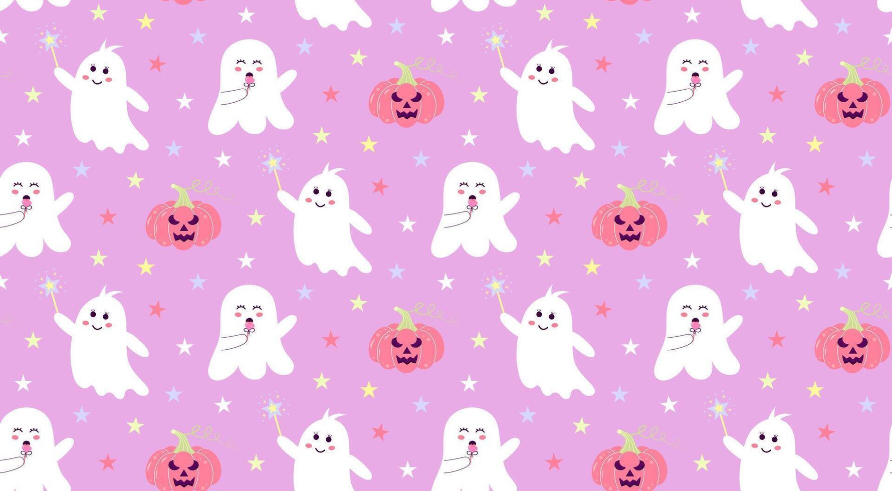 Cute ghosts with stars and pumpkin seamless pattern. Halloween baby characters. Magic scary spirits pastel print. cartoon illustration. vector