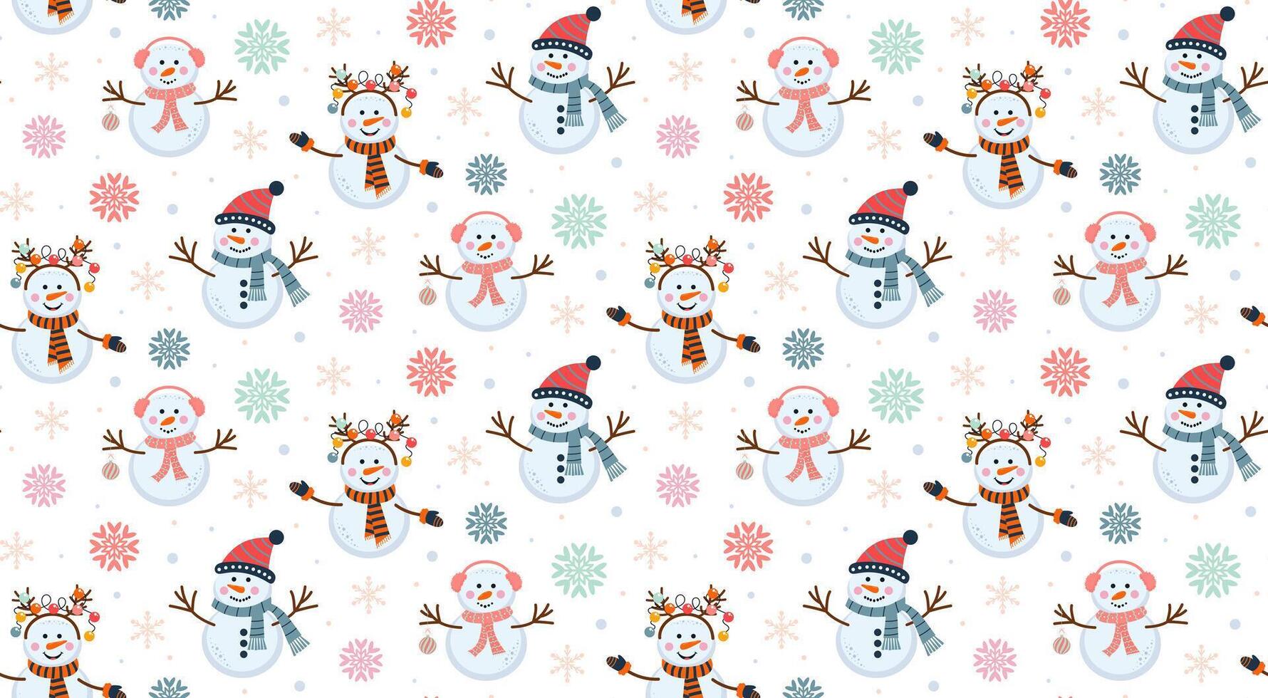 Cute snowmen and snowflakes seamless pattern. Colorful winter backdrop. Christmas print for textile, wrapping paper. vector