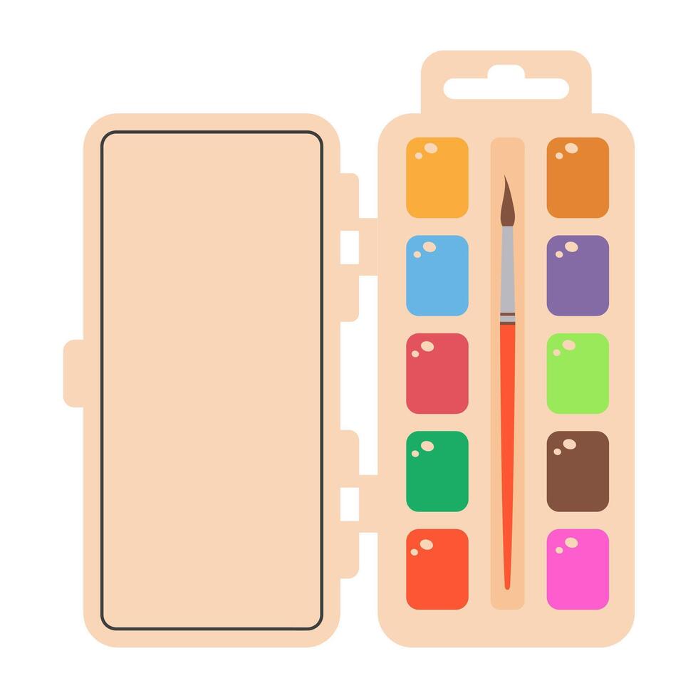 School paint palette. Box watercolor paints and brush. Creative tools for drawing, painting. illustration isolated on a white background. vector