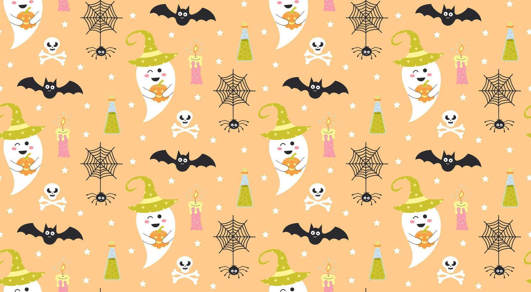 Cute ghost with pumpkin, bat, spider on web and skull seamless pattern. Halloween baby characters. cartoon illustration. vector