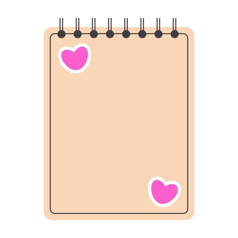 Spiral notebook with heart stickers. Sketchbook icon. Back to school, education concept. illustration isolated on a white background. vector
