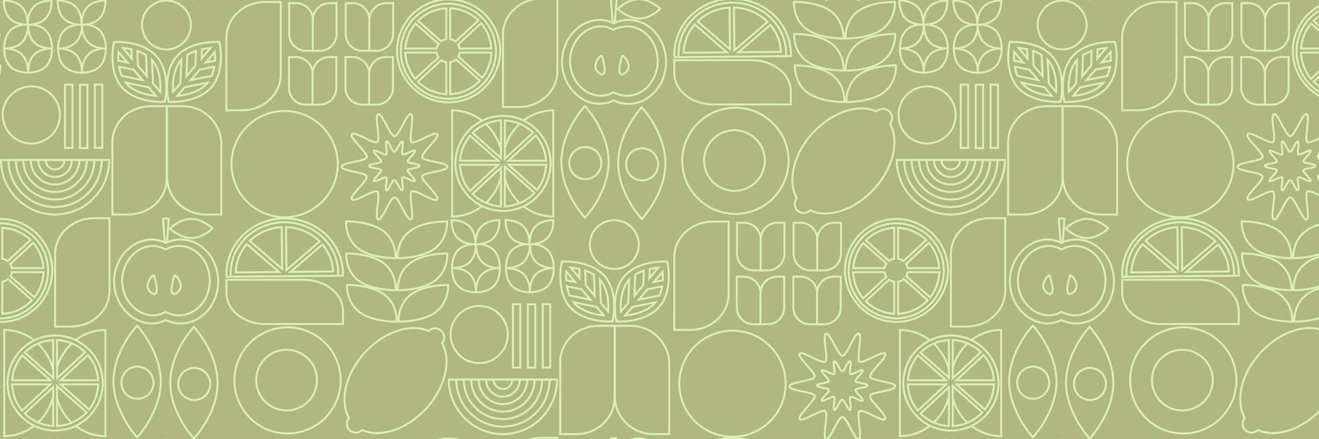 Geometric line drawing. Vegetables and fruits seamless pattern bauhaus. Natural flower plant with simple shape, abstract eco farming concept. minimal banner vector
