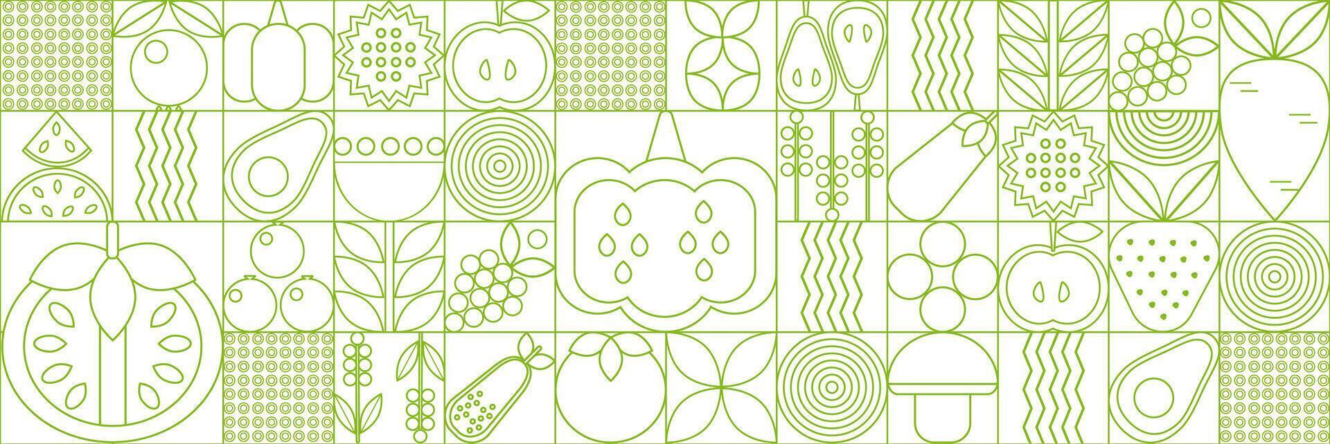Geometric line drawing. Vegetables and fruits seamless pattern bauhaus. Bauhaus vegetable abstract. Natural flower plant with simple shape, abstract eco farming concept. minimal banner vector