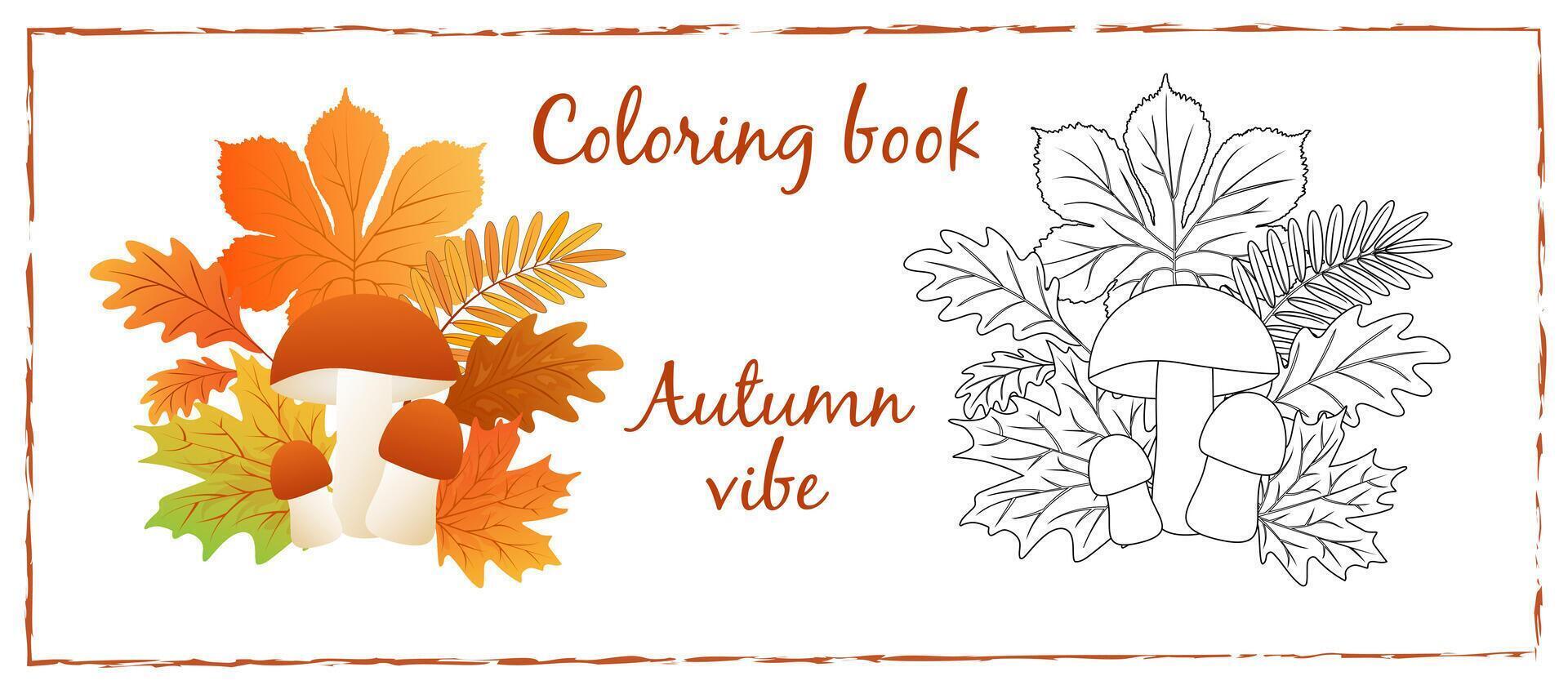 Coloring page with autumn maple and chestnut leaves, acorns,oak leaves, rowan leaves, mushrooms on white background. vector