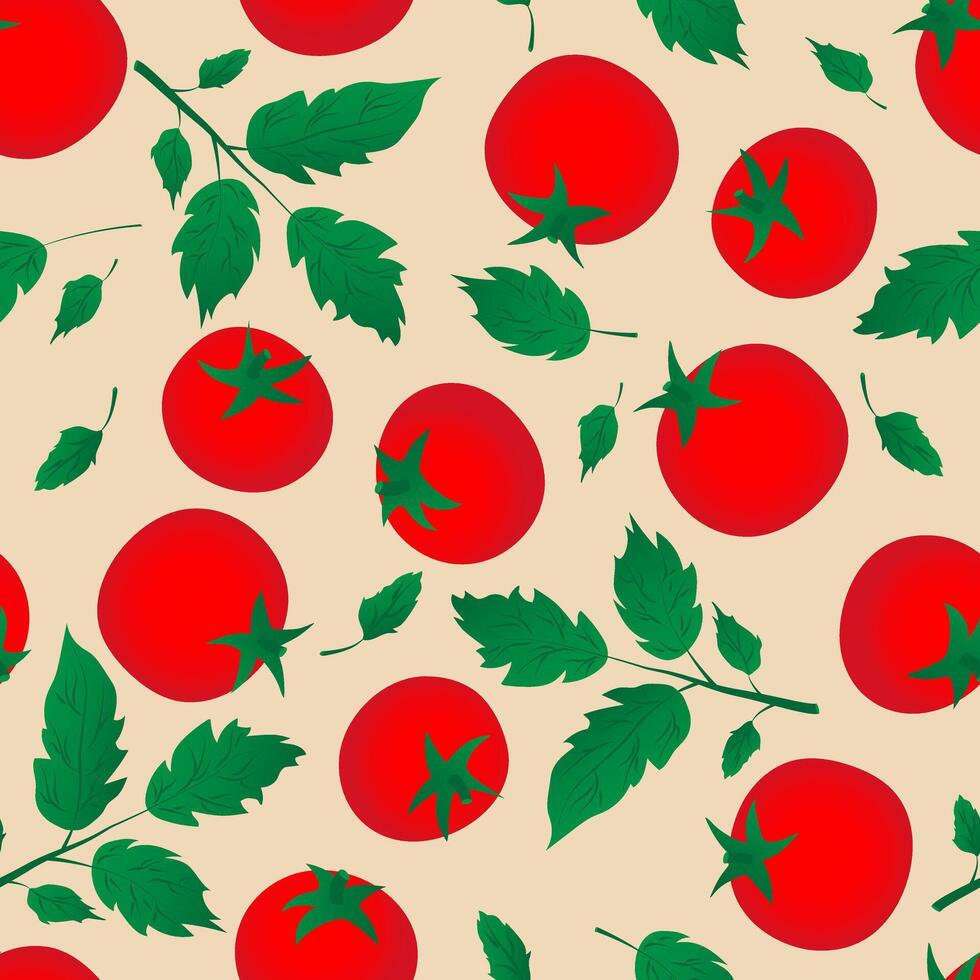 Seamless pattern with hand drawn red tomatoes on beige background. Fresh organic vegetable, healthy food, nutricion concept. vector