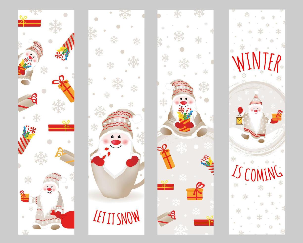 Set of bookmarks with cute gnomes and gifts. Colorful design for social media communication, networking, website badges, greeting cards, posters and more. vector