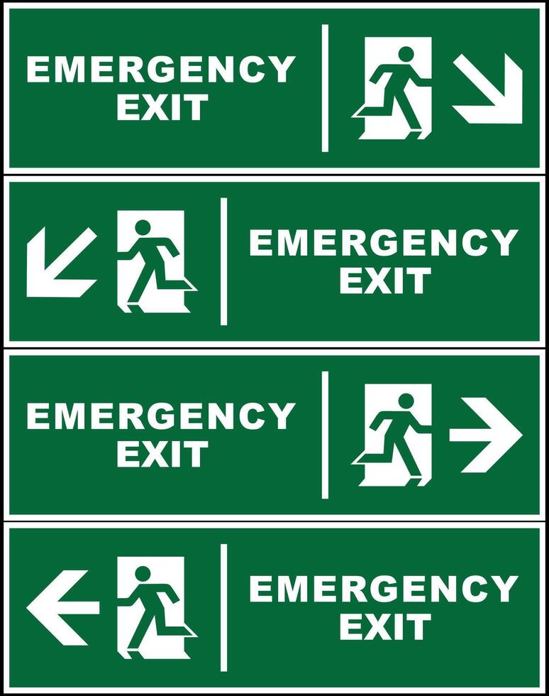 Emergency exit evacuation route point sign bundle, safety gathering point signboard, illustration. vector