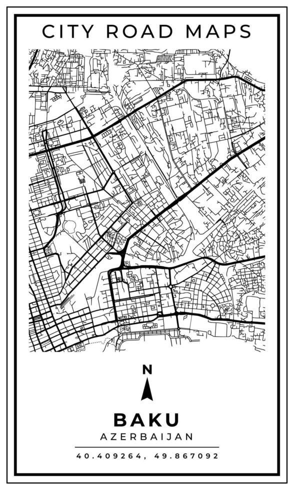 Monochrome Line Art Map of Baku Capital City of Azerbaijan, Illustration and home decoration vector