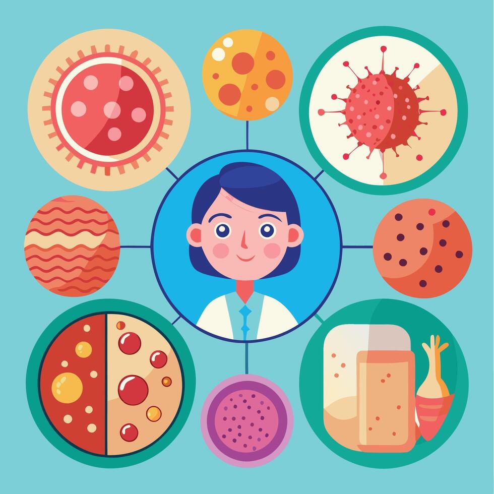 A woman in a lab coat surrounded by various types of viruses vector