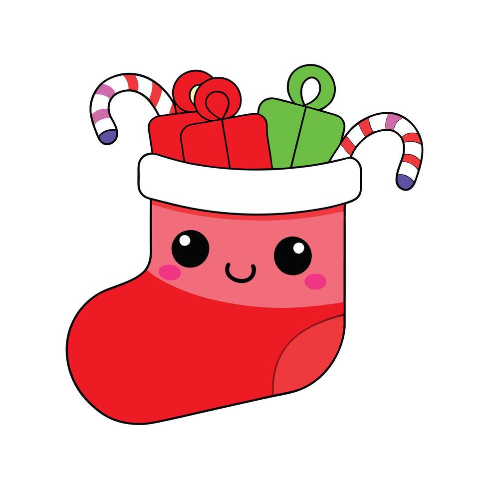 a red christmas stocking with a face and a santa hat illustration vector