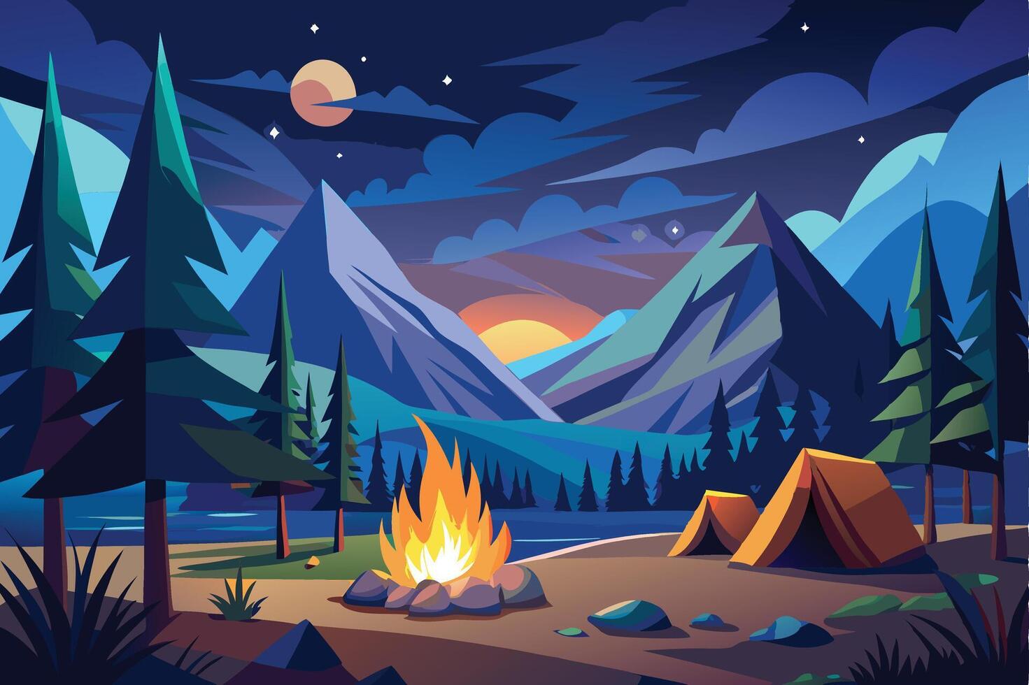 Camping in the mountains at night vector