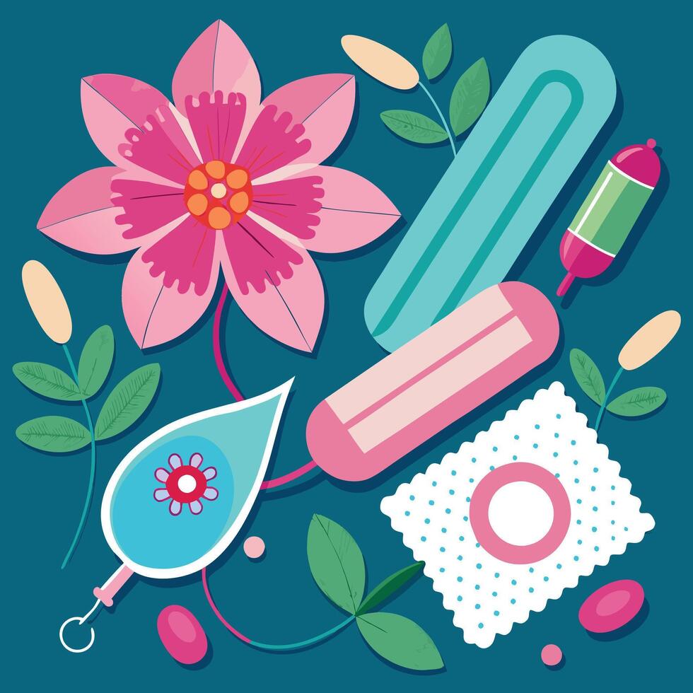 A flat design of a medical kit with a flower and other items vector