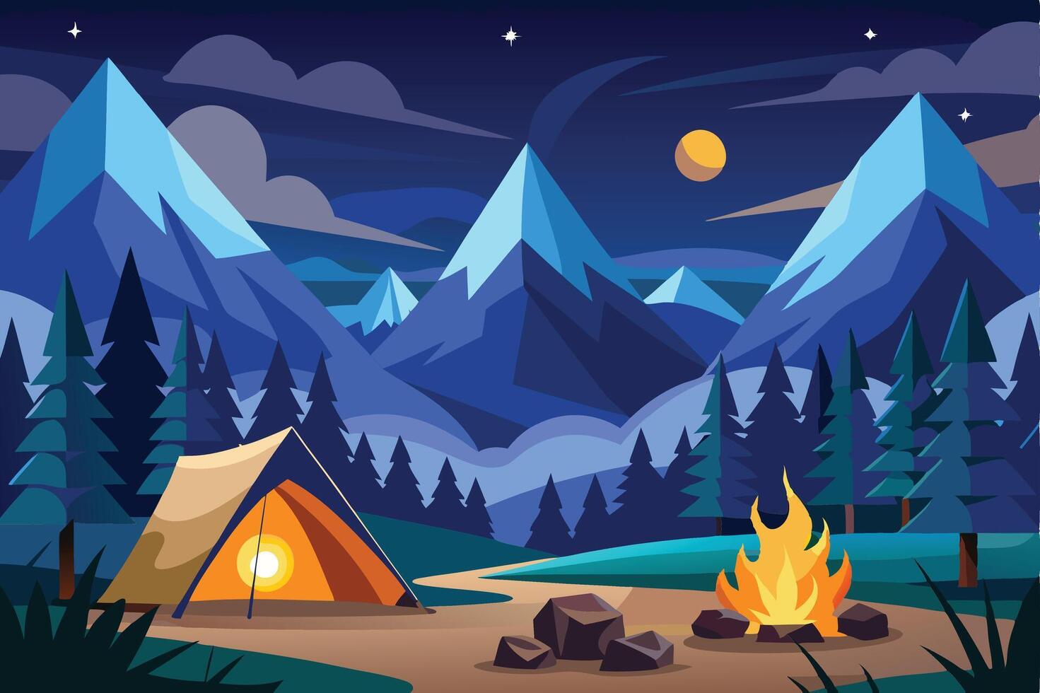 Camping in the mountains at night vector