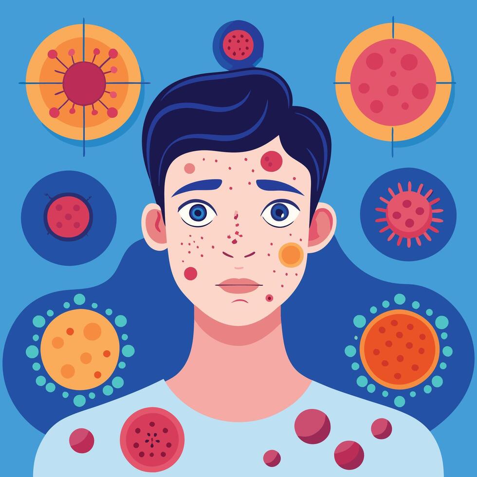 Illustration of a man with acne and other viruses vector