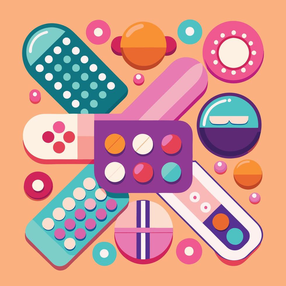 Pills and tablets on a background with a colorful design vector