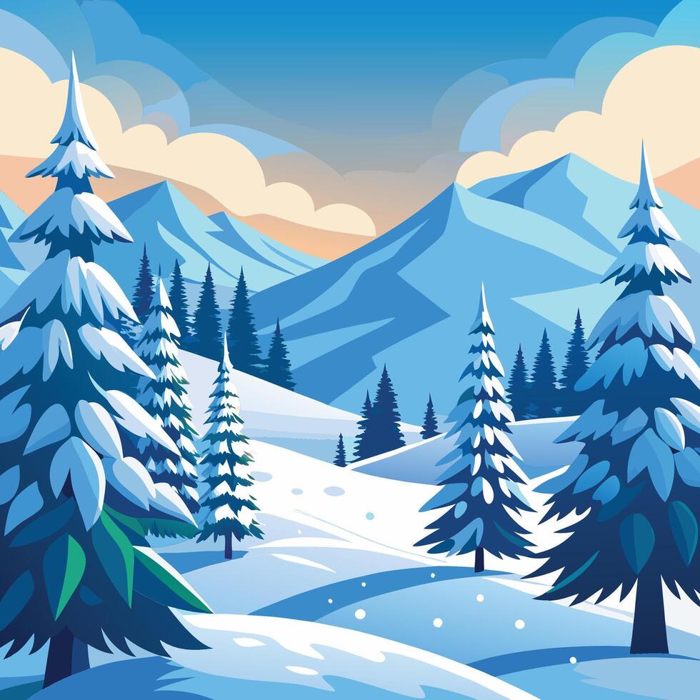 Winter landscape with snow covered trees and mountains vector