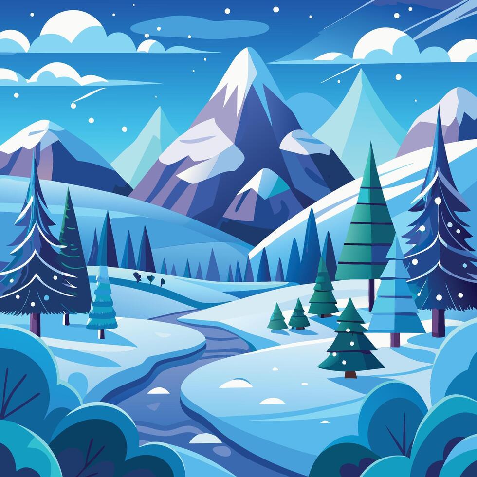 Winter landscape with snow covered mountains and trees vector