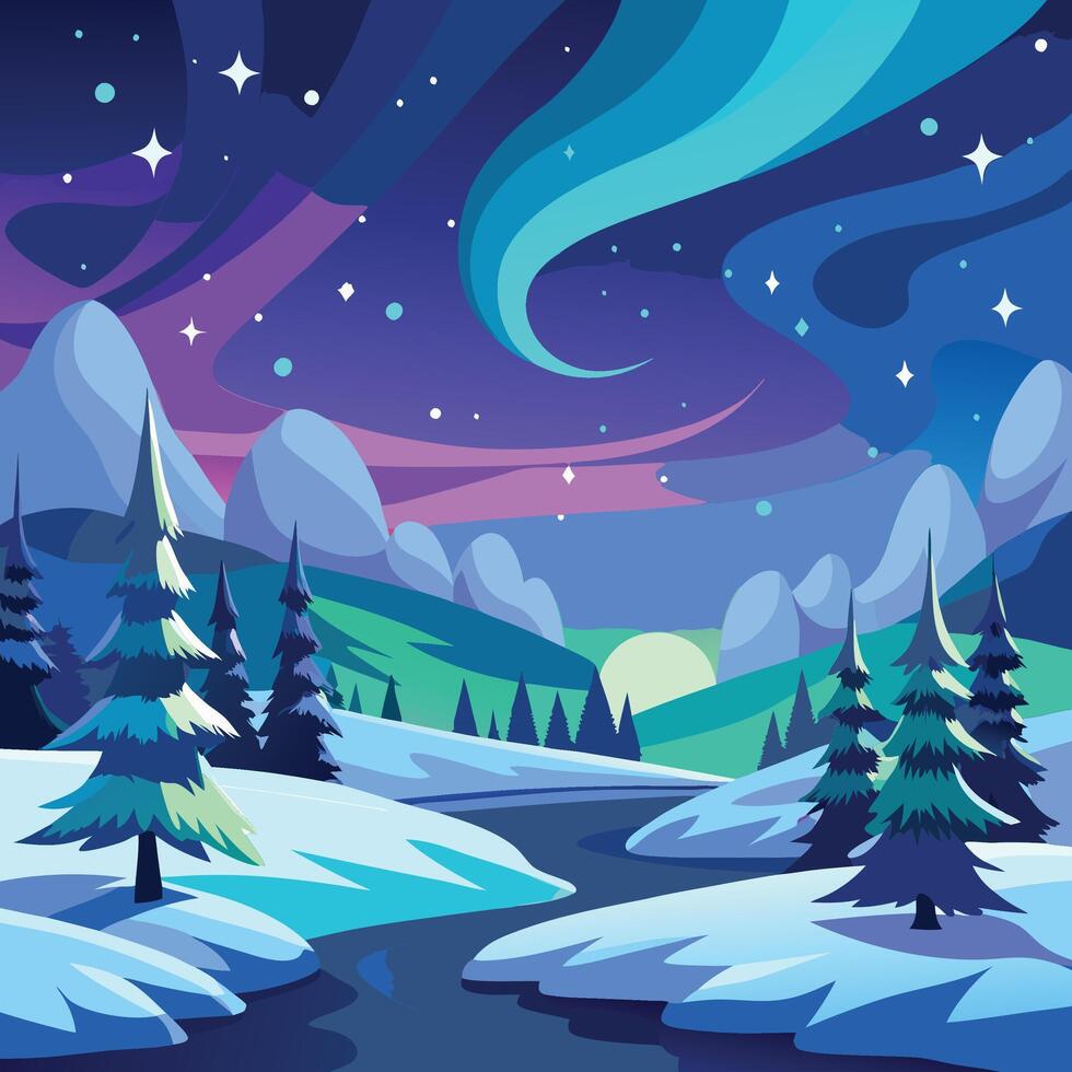 Winter landscape with aurora lights and trees vector