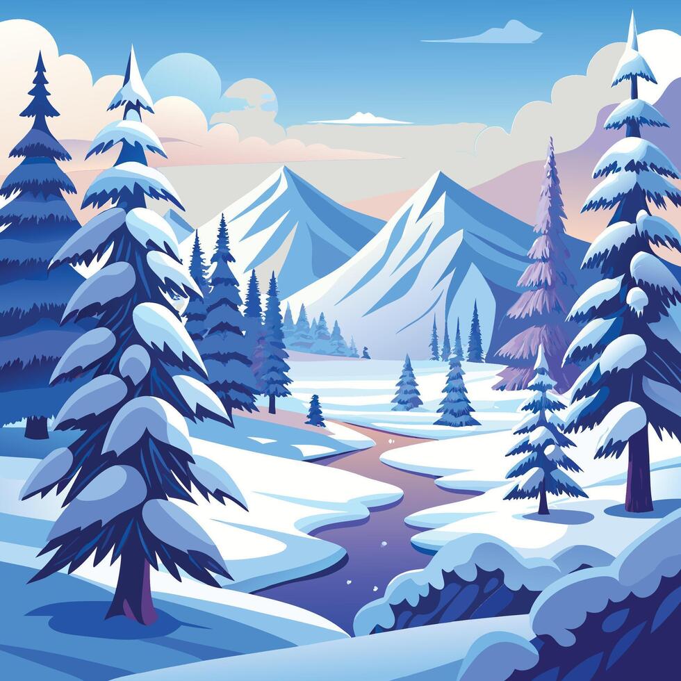 Winter landscape with snow covered trees and mountains vector