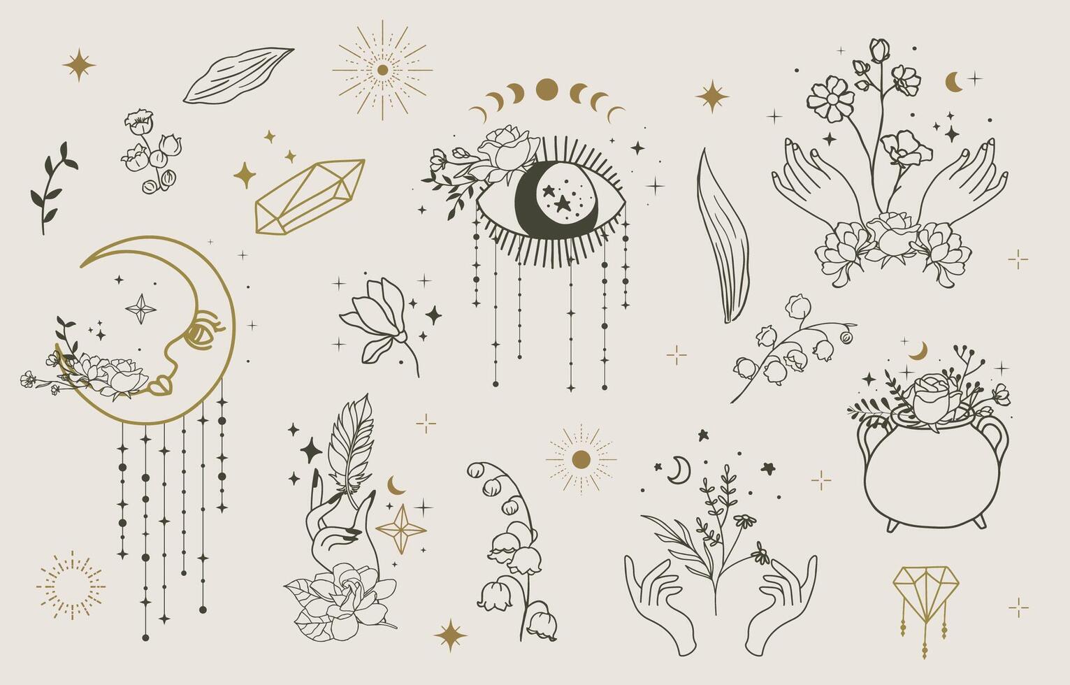 Boho Mystic style line icon with flower,rose,lily of the valley,sun,moon vector