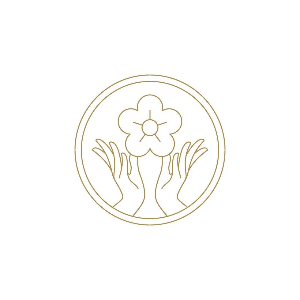 Female hands with chamomile flower in circle frame line art icon illustration vector