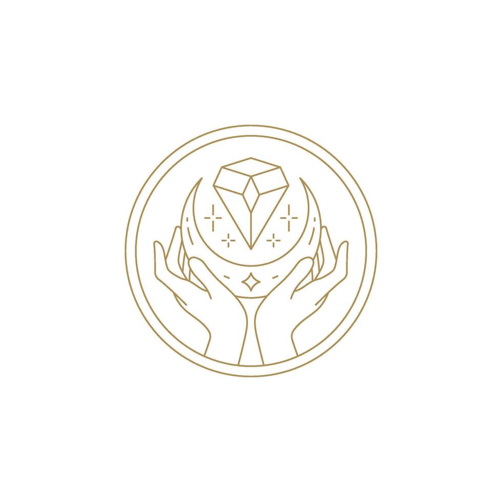 Sacred hands with crescent and crystal gem in circle frame line art icon illustration vector
