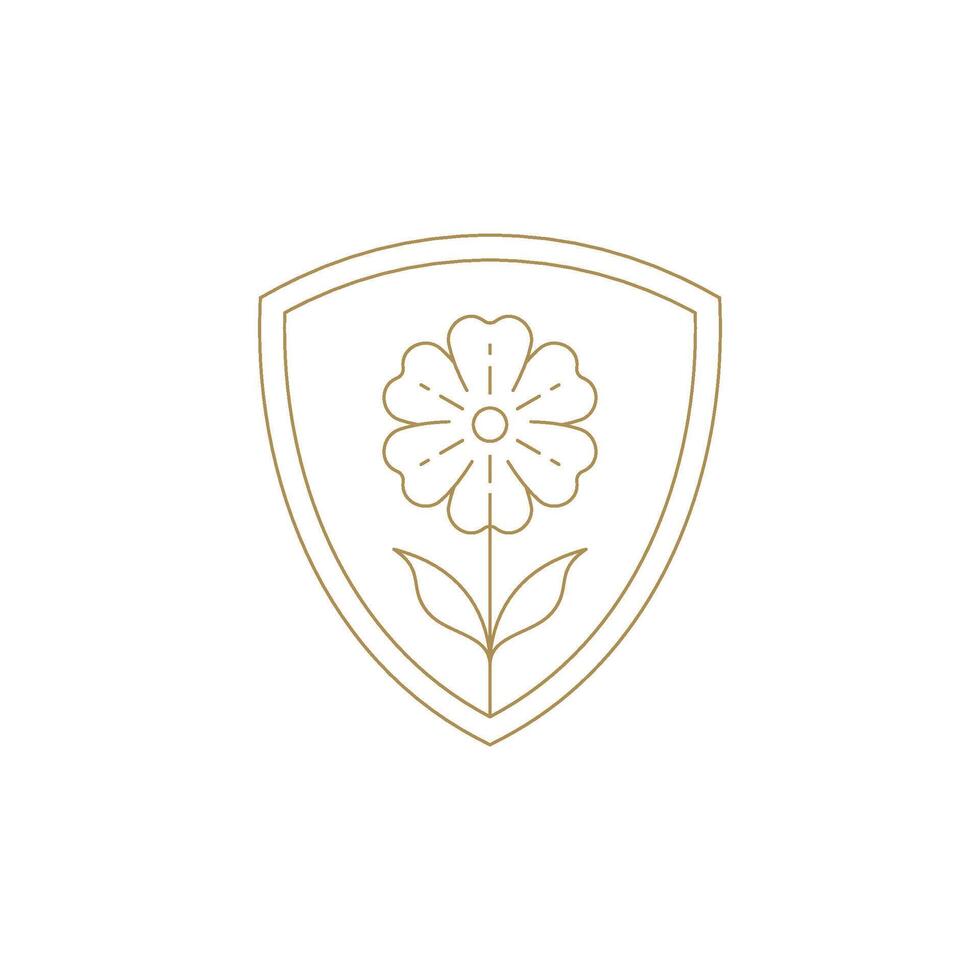 Gentle flower with stem and leaves in golden shield frame line art icon illustration vector