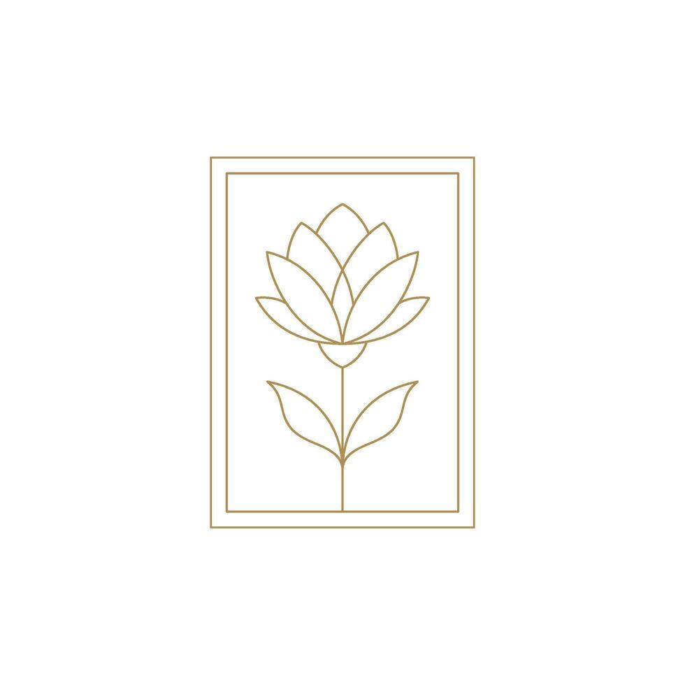 Elegant lotus flower with stem and leaves in rectangle frame golden line art icon vector