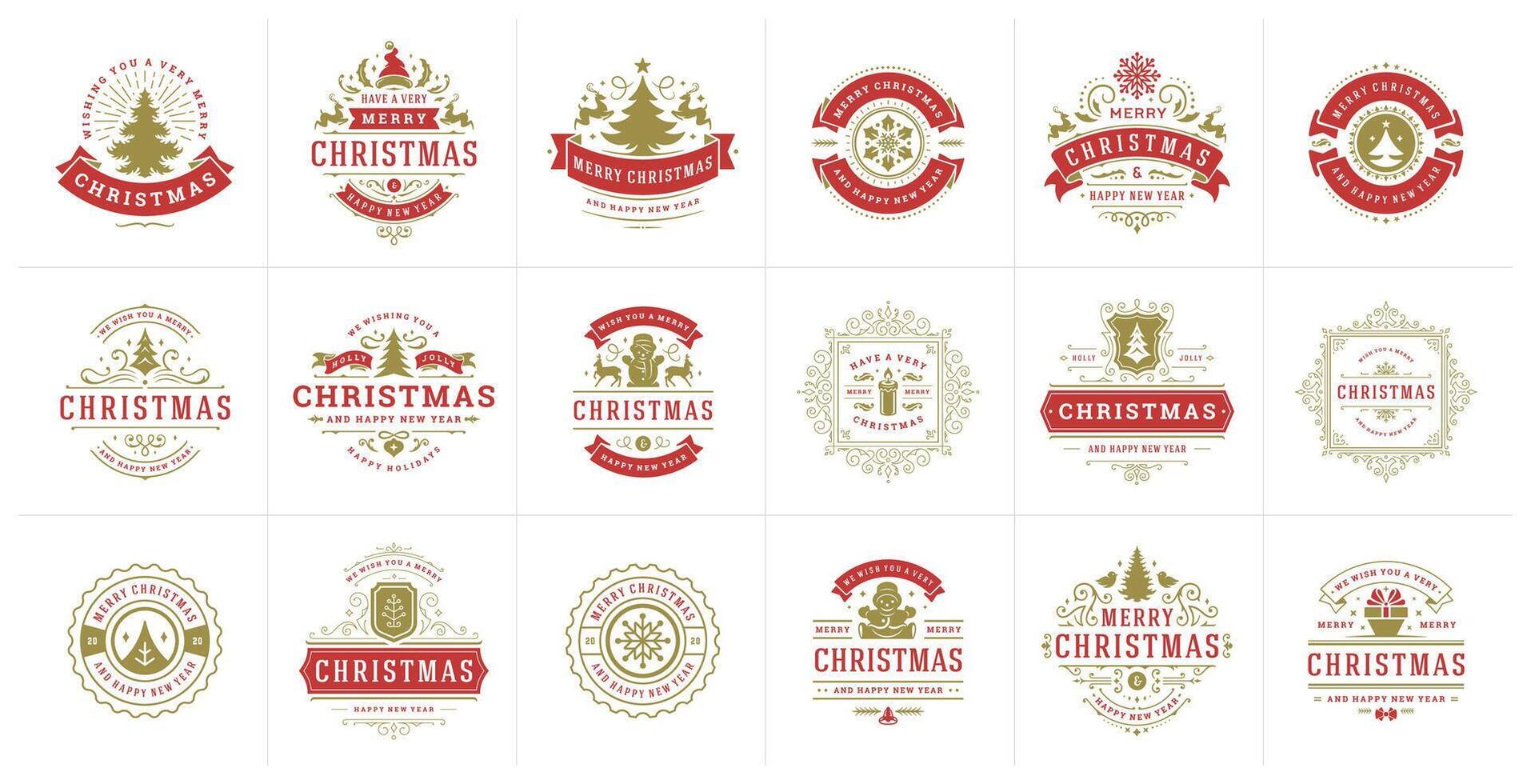 Christmas typography ornate labels and badges, happy new year and winter holidays wishes for illustration vector