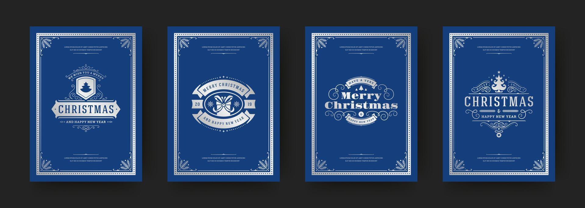 Elegant blue Christmas card designs featuring festive greetings and symbols vector