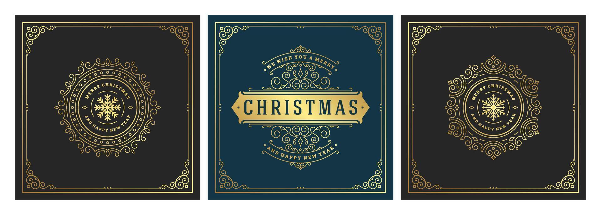 Elegant Christmas and New Year greeting cards with gold and navy blue designs vector