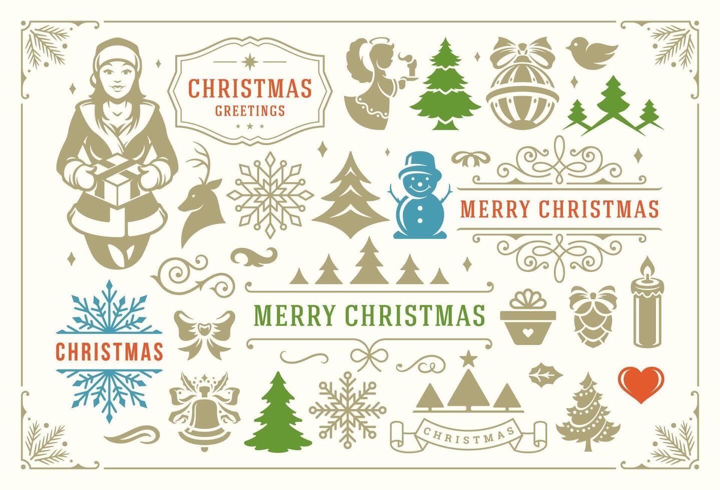 Festive holiday illustrations featuring Christmas symbols and greetings vector