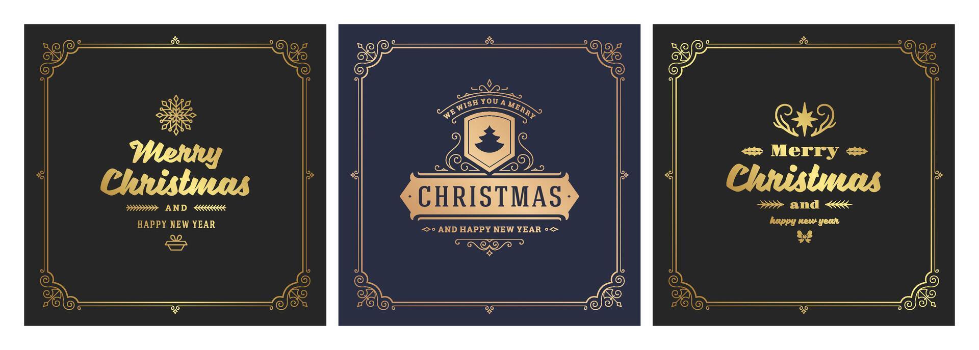 Elegant Christmas greeting cards featuring gold lettering on dark backgrounds vector