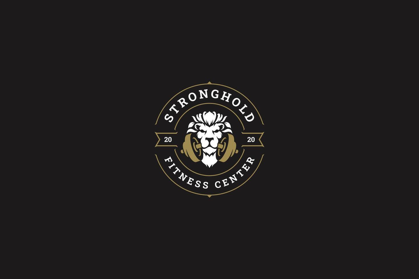 Fitness gym club lion with dumbbell circle retro logo design template flat illustration vector
