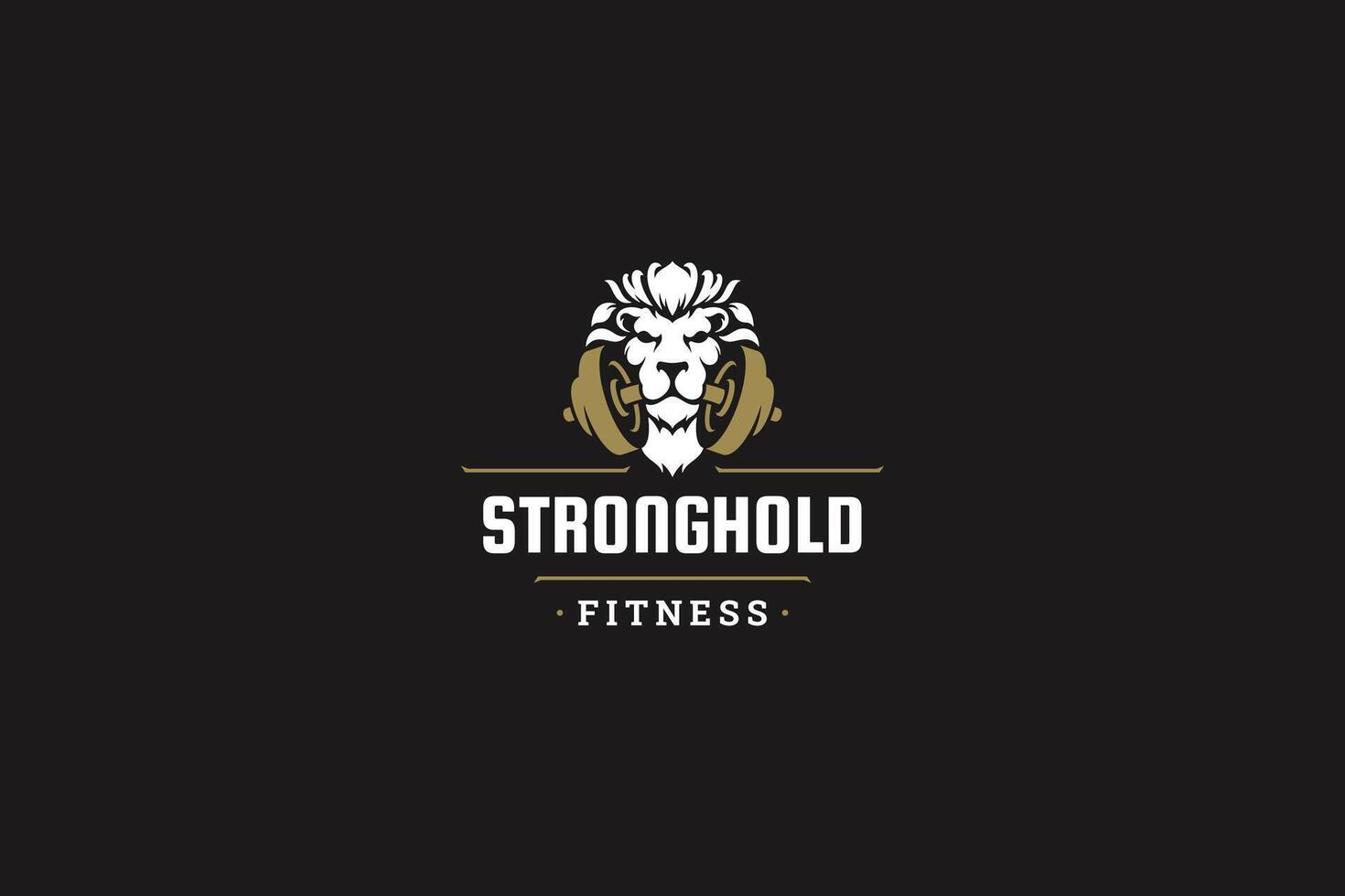 Strong lion head with dumbbell in mouth creative retro logo design template gym flat vector