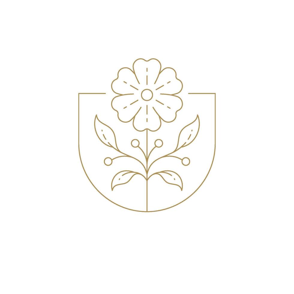Gentle botanical flower with berries in golden shield frame line art icon illustration vector