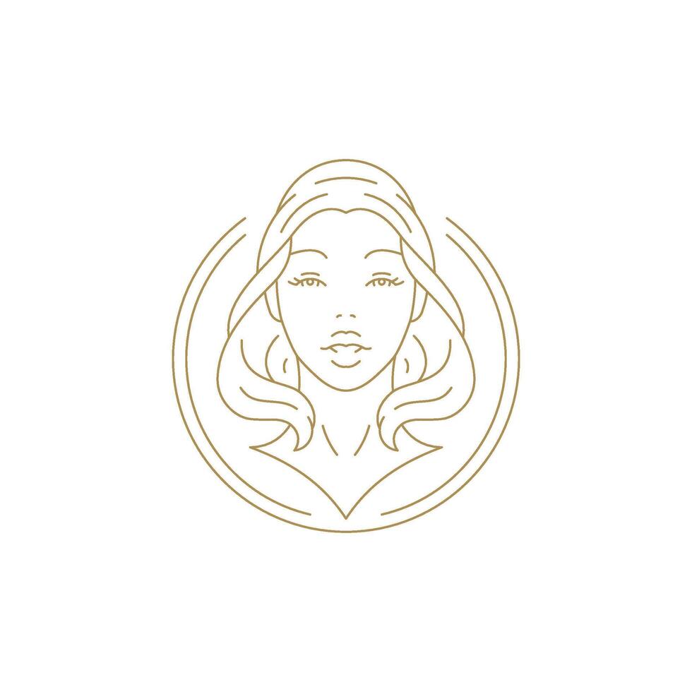 Elegant young woman model portrait in golden circle frame line art icon illustration vector