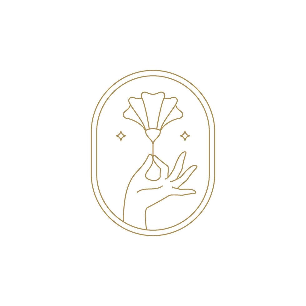 Gentle woman hand with buttercup in golden ellipse frame line art icon illustration vector