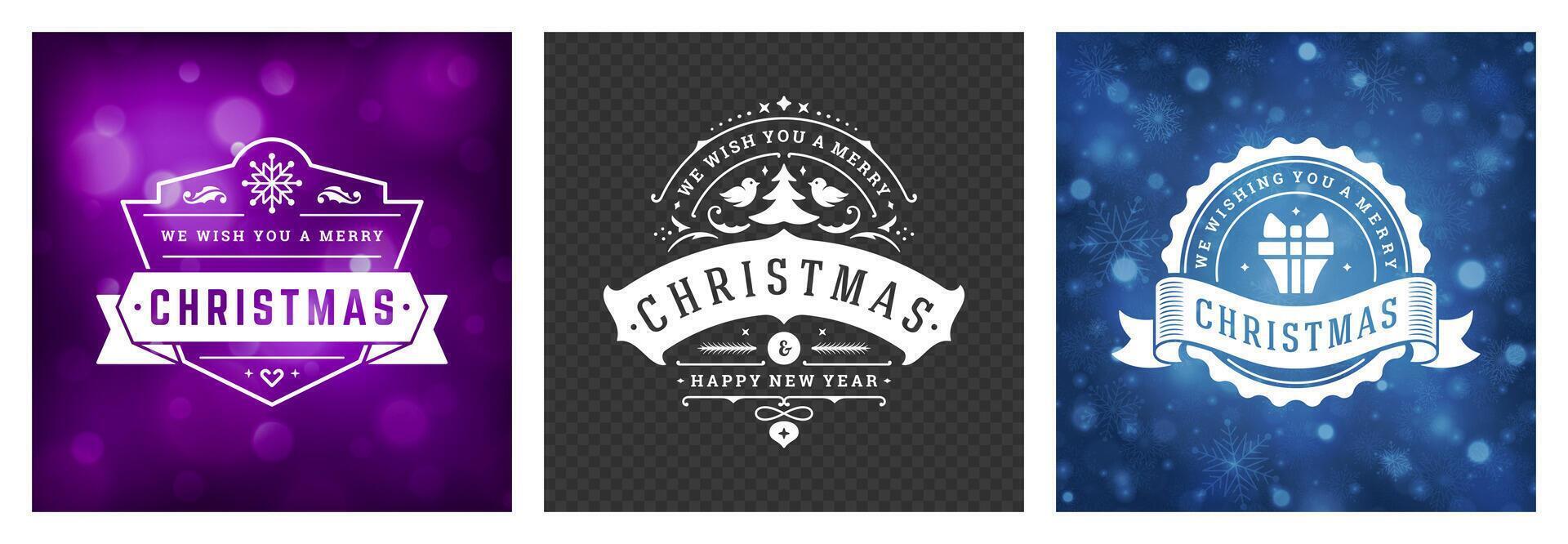 Festive Christmas badge designs in blue, black, and green backgrounds vector