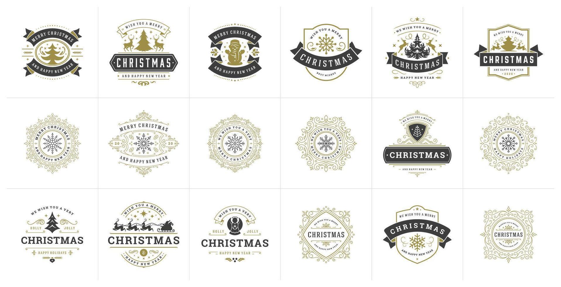 Christmas typography ornate labels and badges, happy new year and winter holidays wishes for illustration vector