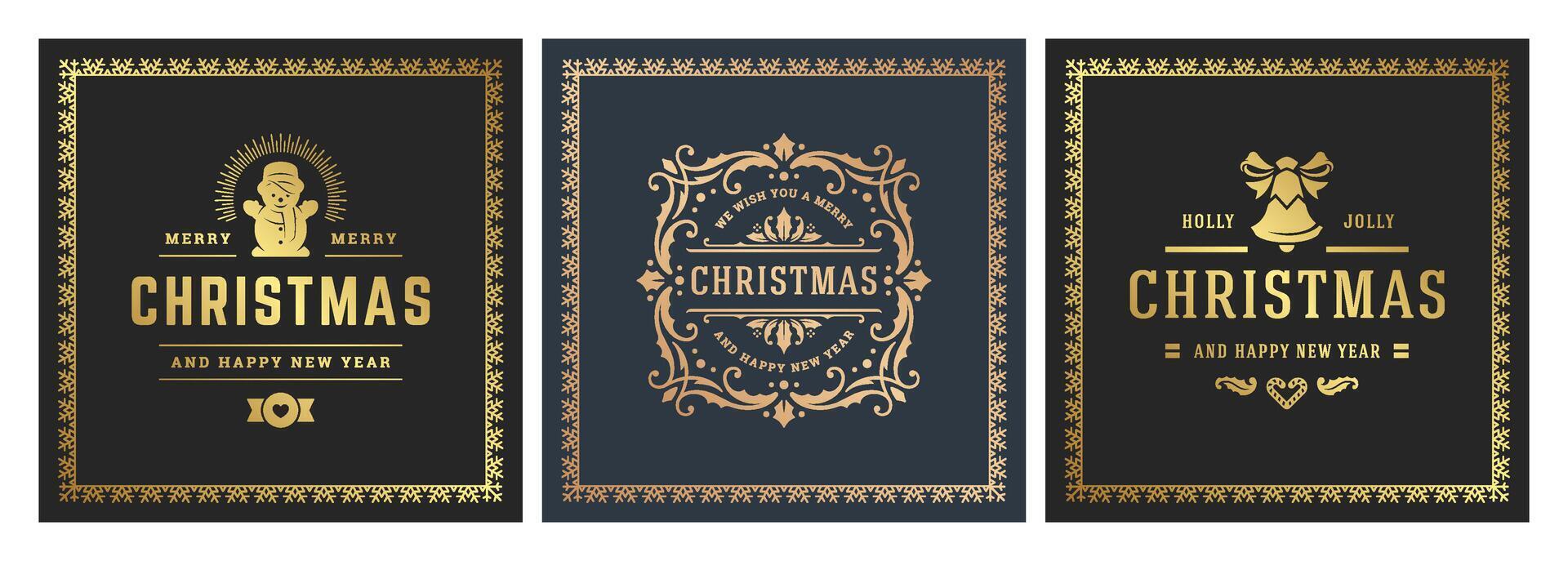 Elegant three-panel Christmas card design with gold accents vector