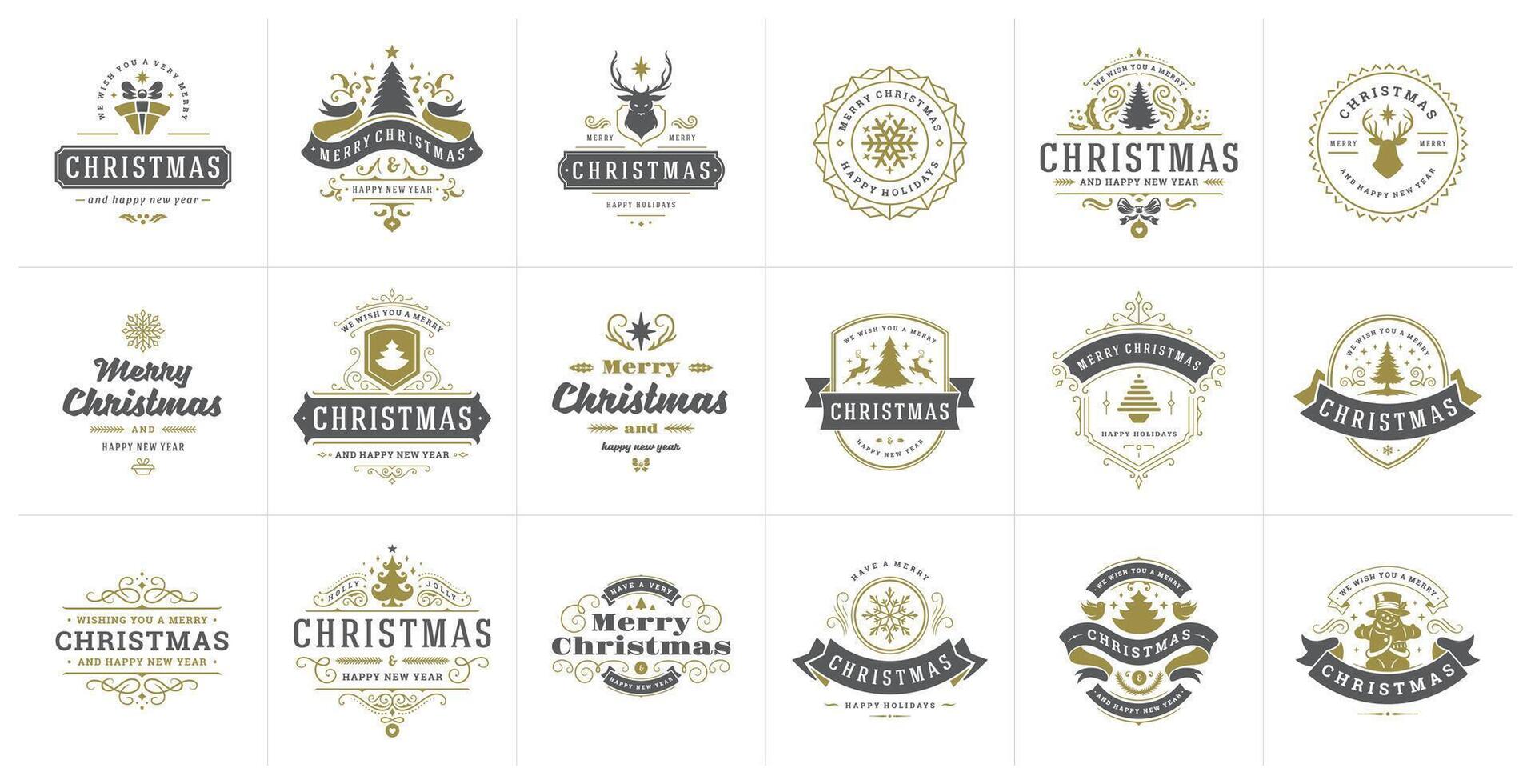 Christmas typography ornate labels and badges, happy new year and winter holidays wishes for illustration vector