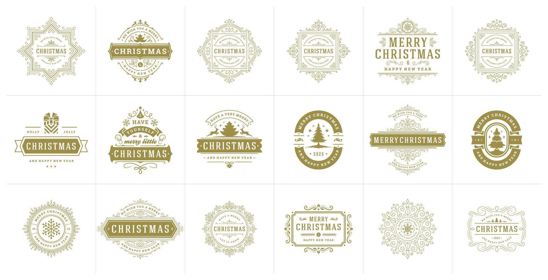 Christmas typography ornate labels and badges, happy new year and winter holidays wishes for illustration vector