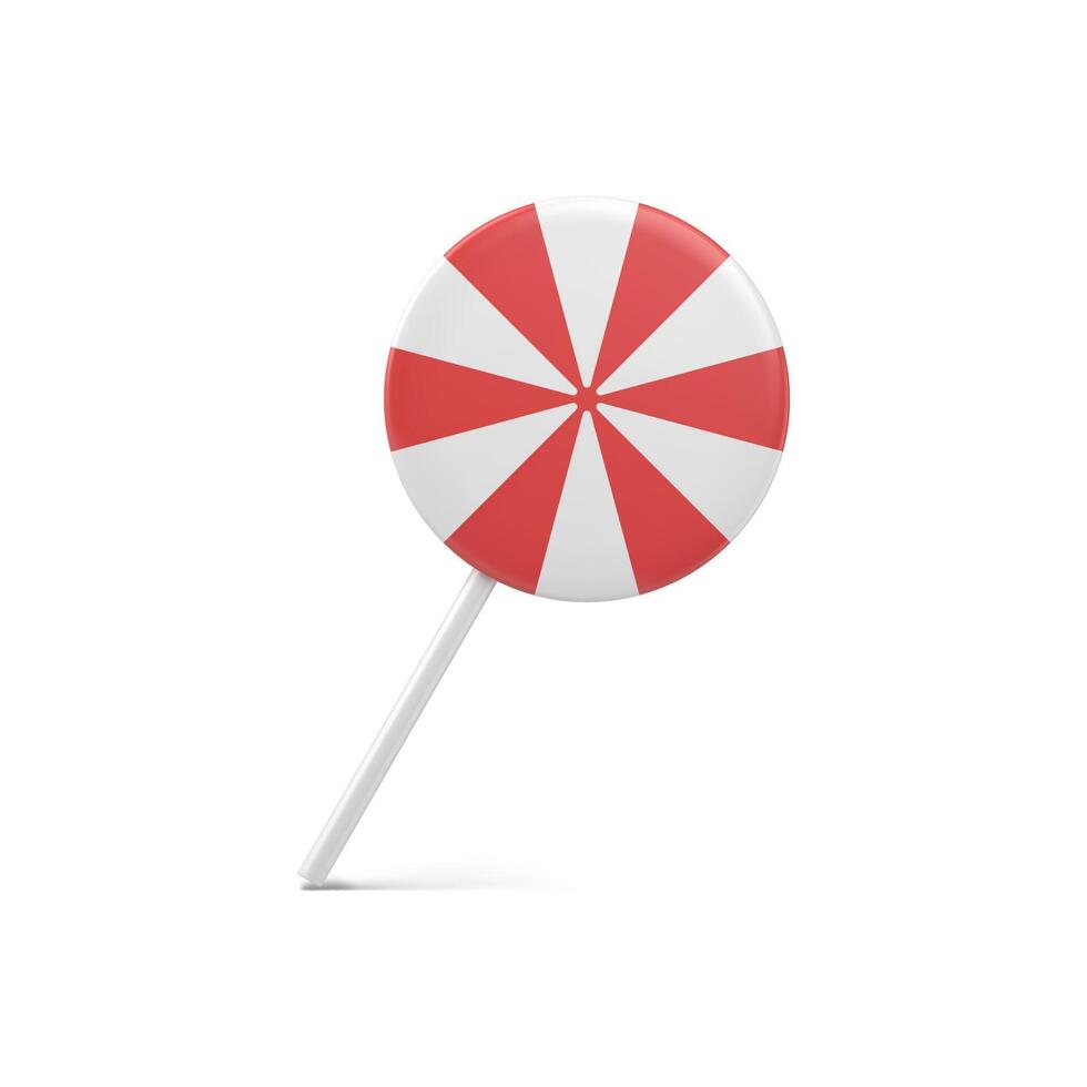 Red realistic lollipop striped rounded shape with stick 3d template illustration vector