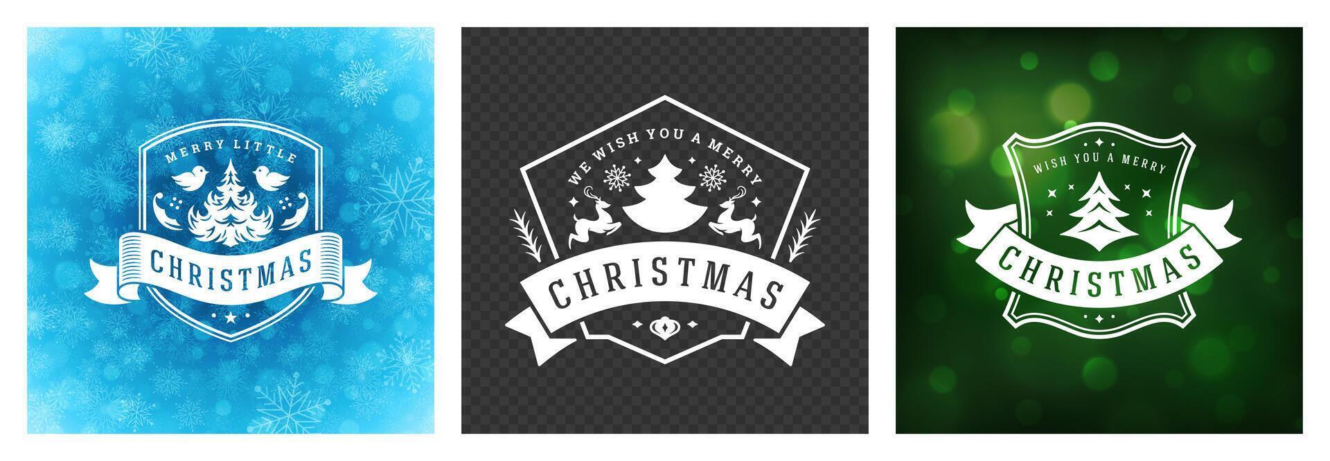 Festive Christmas badge designs in blue, black, and green backgrounds vector