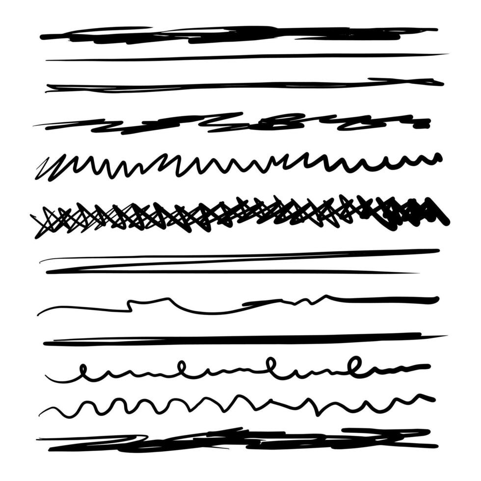 Set of artistic pen brushes. Hand drawn grunge strokes. Doodle lines, various dividers for web sites. vector