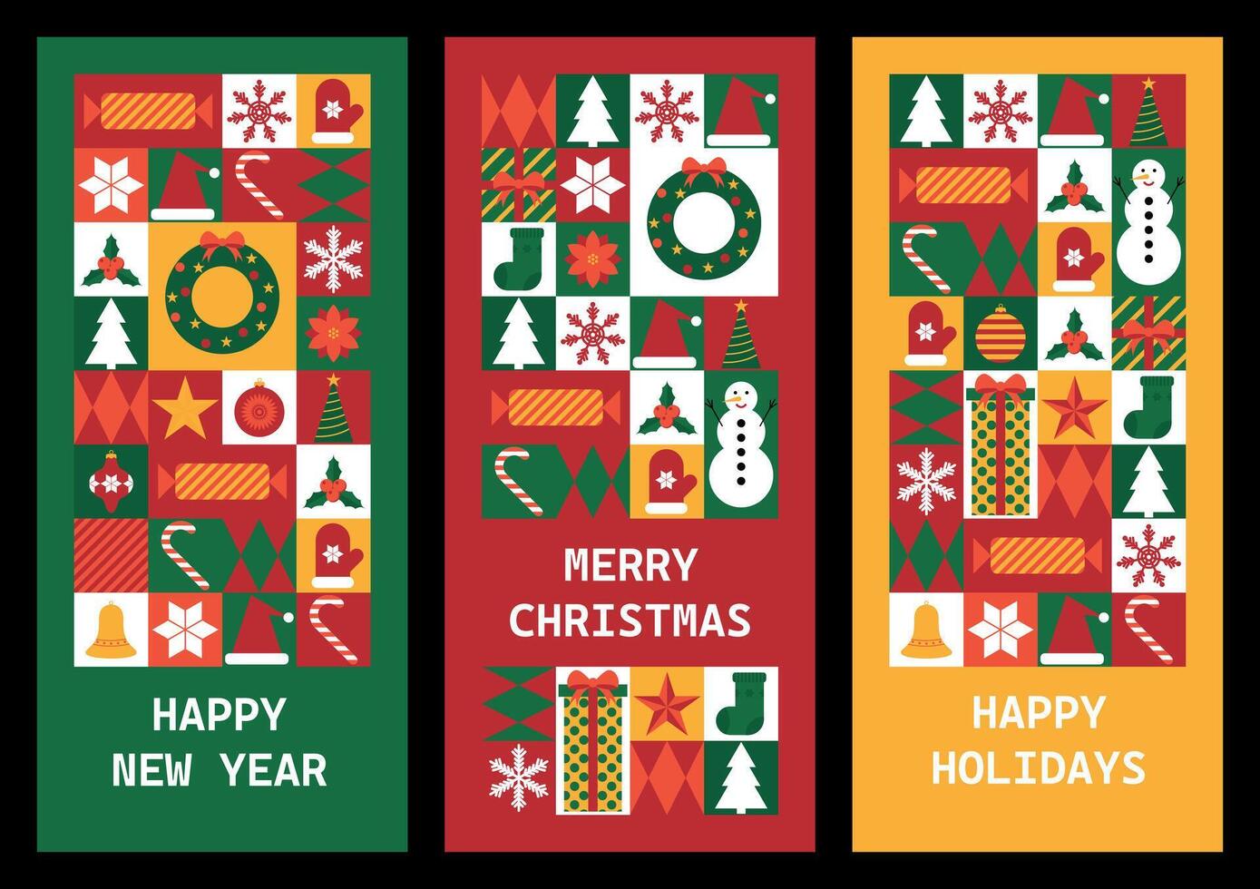 Set of festive vertical banners Merry Christmas and Happy New Year. Templates for greeting card or invitation in abstract modern geometric style. illustration vector