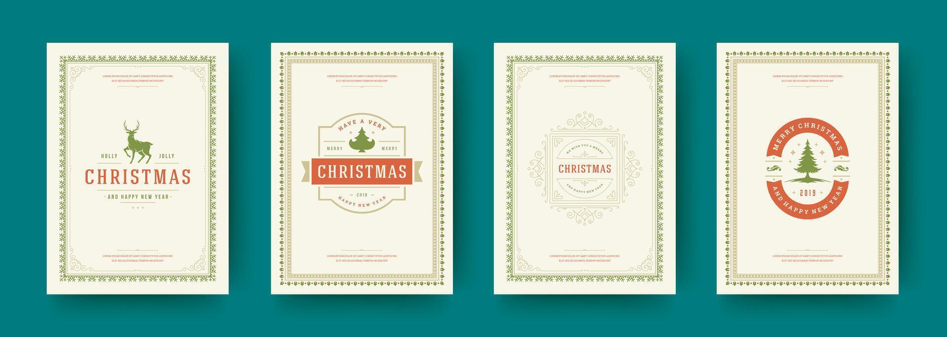 Colorful Christmas card designs featuring festive decorations and messages vector