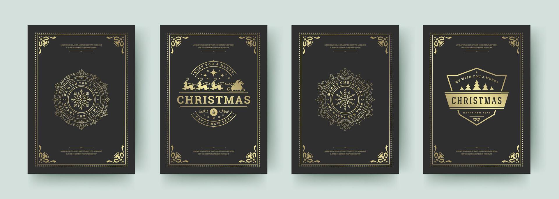 Elegant black and gold Christmas cards with intricate designs and messages vector